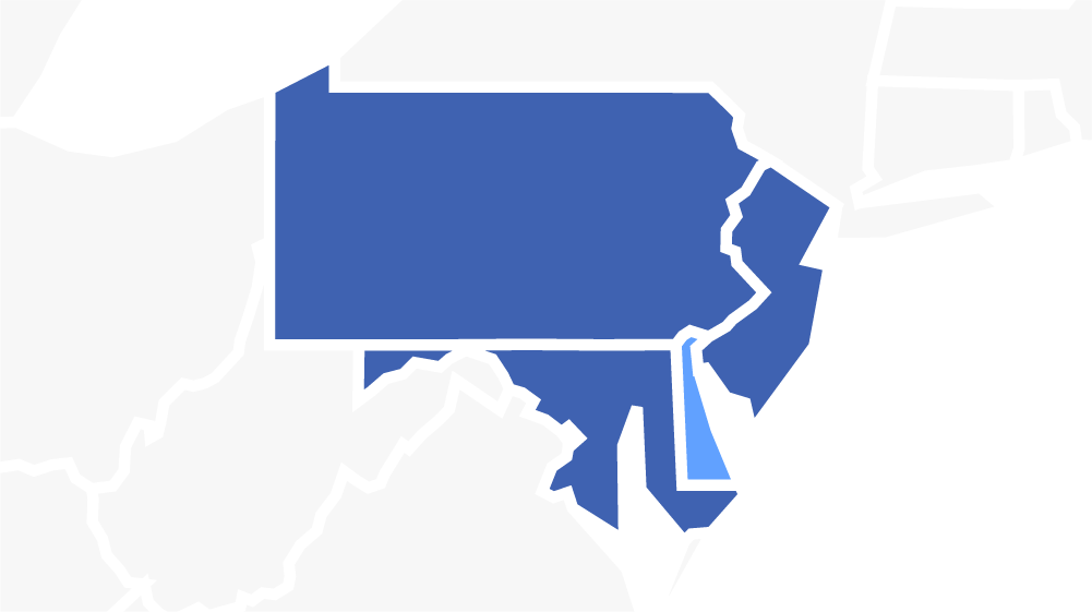 Map of the REL Mid-Atlantic region with Delaware highlighted